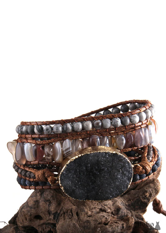 Boho Bracelet RH 5 Layers Leather Wrap Natural Stones Snow