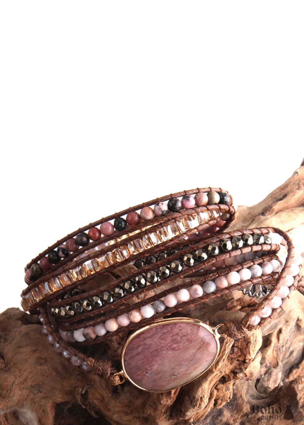 Boho Bracelet RH 5 Layers Leather Wrap Pink Rose quartz