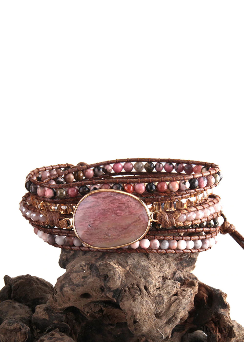 Boho Bracelet RH 5 Layers Leather Wrap Pink Rose quartz