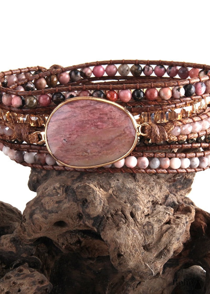 Boho Bracelet RH 5 Layers Leather Wrap Pink Rose quartz