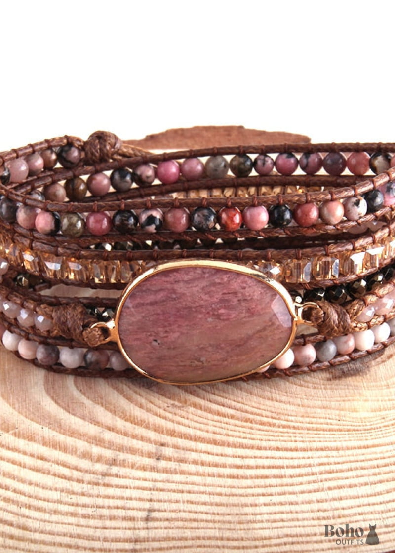 Boho Bracelet RH 5 Layers Leather Wrap Pink Rose quartz