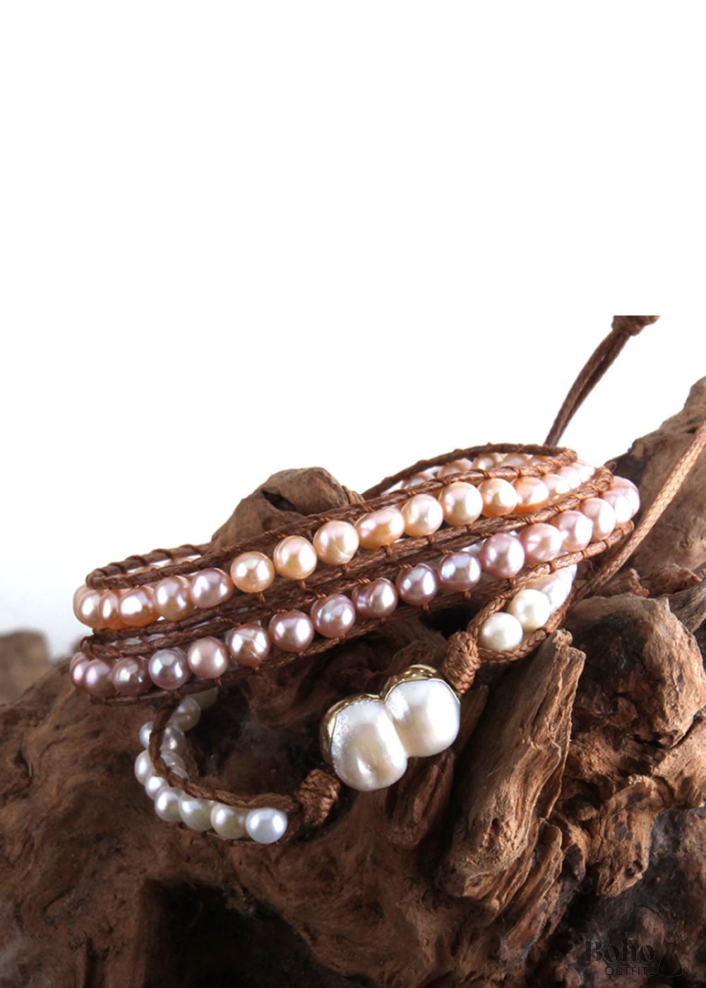 Boho Bracelet RH 5 Layers Leather Wrap White Pink Natural