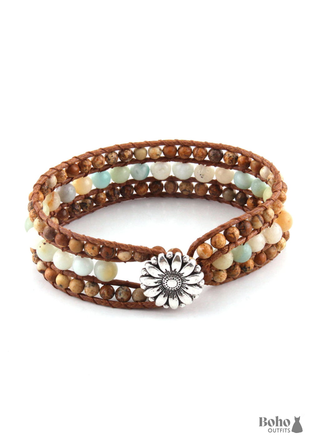 Boho Bracelet RH Leather Wrap Blue Amazonite Lotus - Jewelry