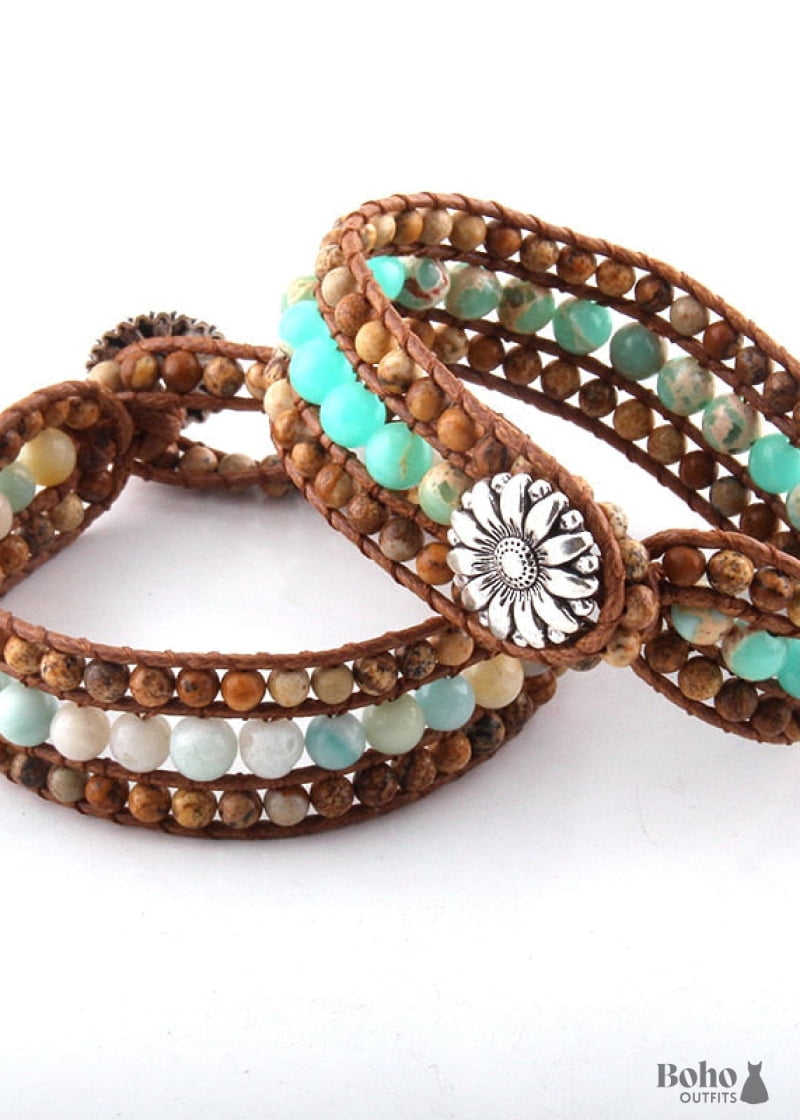 Boho Bracelet RH Leather Wrap Blue Amazonite Lotus - Jewelry