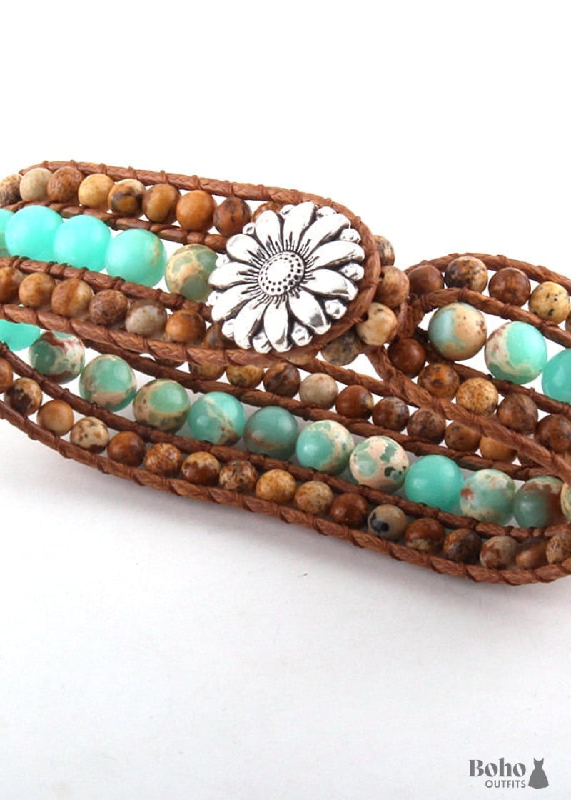 Boho Bracelet RH Leather Wrap Blue Amazonite Lotus - Jewelry