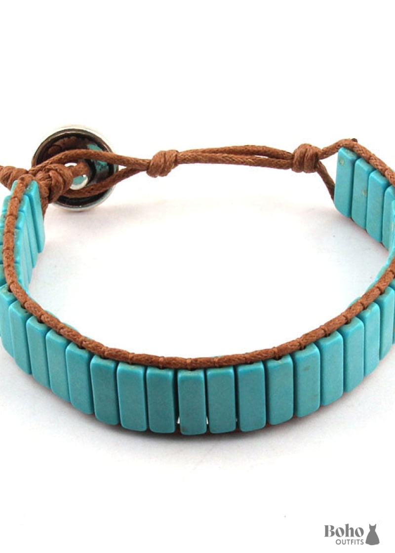 Boho Bracelet RH Leather Wrap Blue White and Pink - 19cm