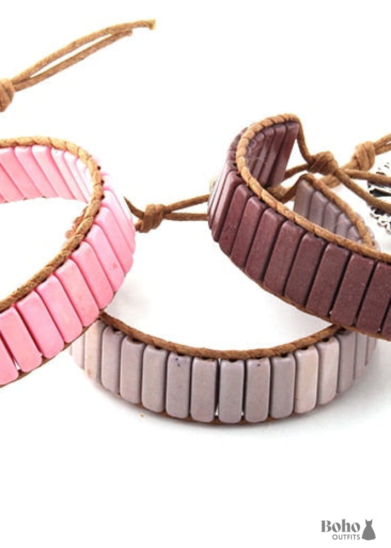 Boho Bracelet RH Leather Wrap Blue White and Pink - Brown