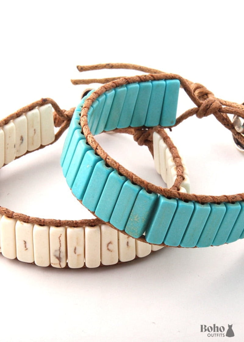 Boho Bracelet RH Leather Wrap Blue White and Pink - Jewelry