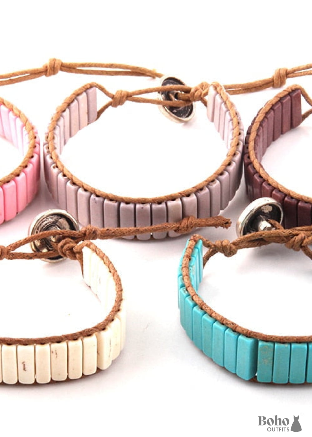 Boho Bracelet RH Leather Wrap Blue White and Pink - Jewelry