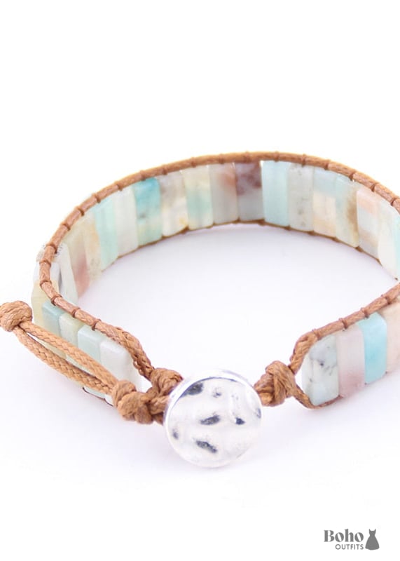 Boho Bracelet RH Leather Wrap Pastel Pink - Amazonite / 20cm