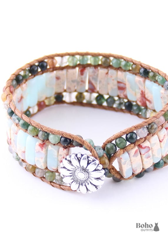 Boho Bracelet RH Leather Wrap Pink Blue Lotus - beige / 20cm