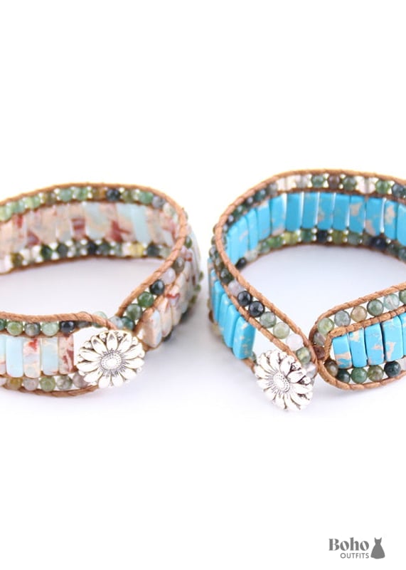 Boho Bracelet RH Leather Wrap Pink Blue Lotus - Jewelry