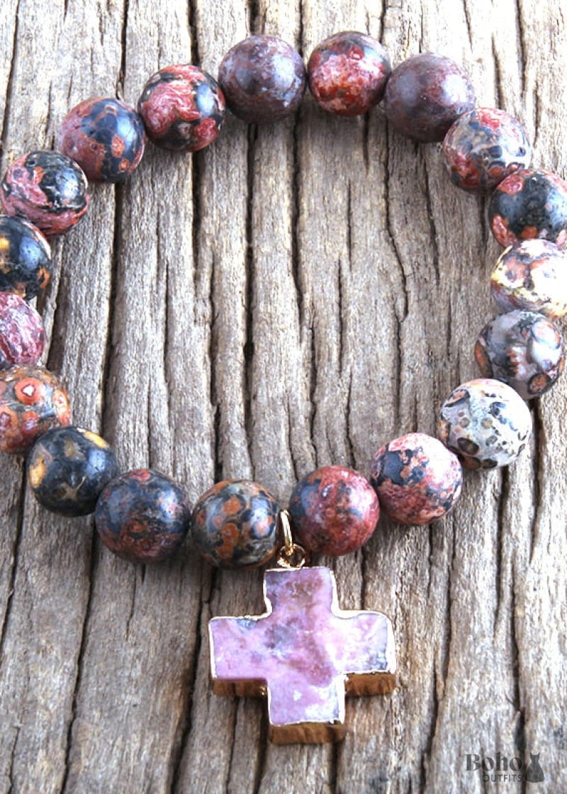 Boho Bracelet RH Natural Stones Pink Cross - 1 Purple