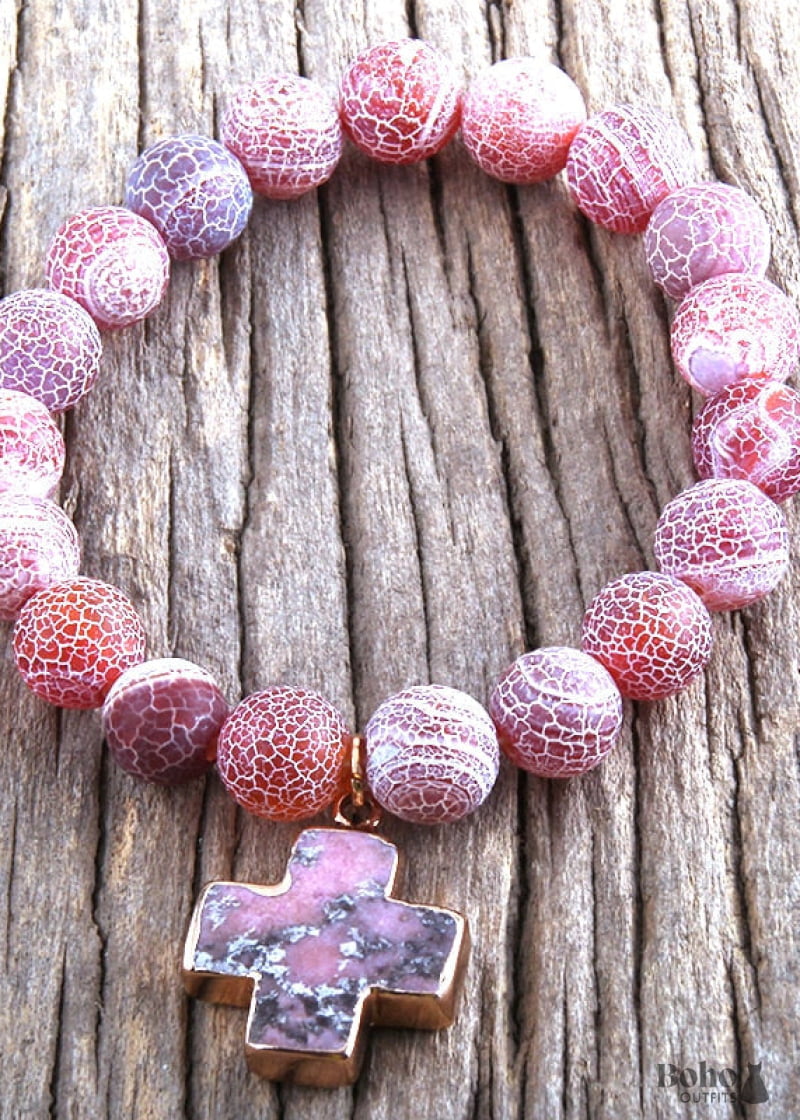 Boho Bracelet RH Natural Stones Pink Cross - 2 / 19cm