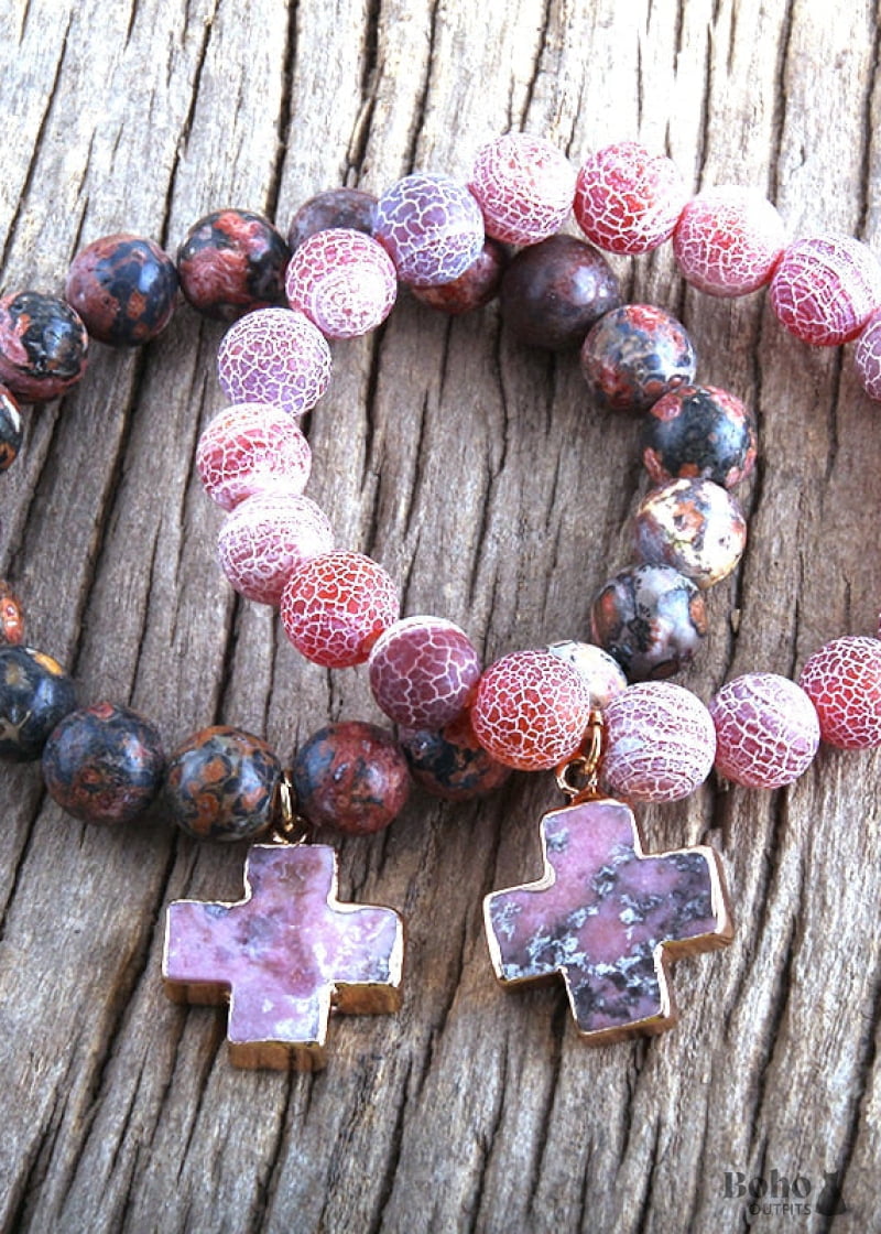 Boho Bracelet RH Natural Stones Pink Cross - Jewelry