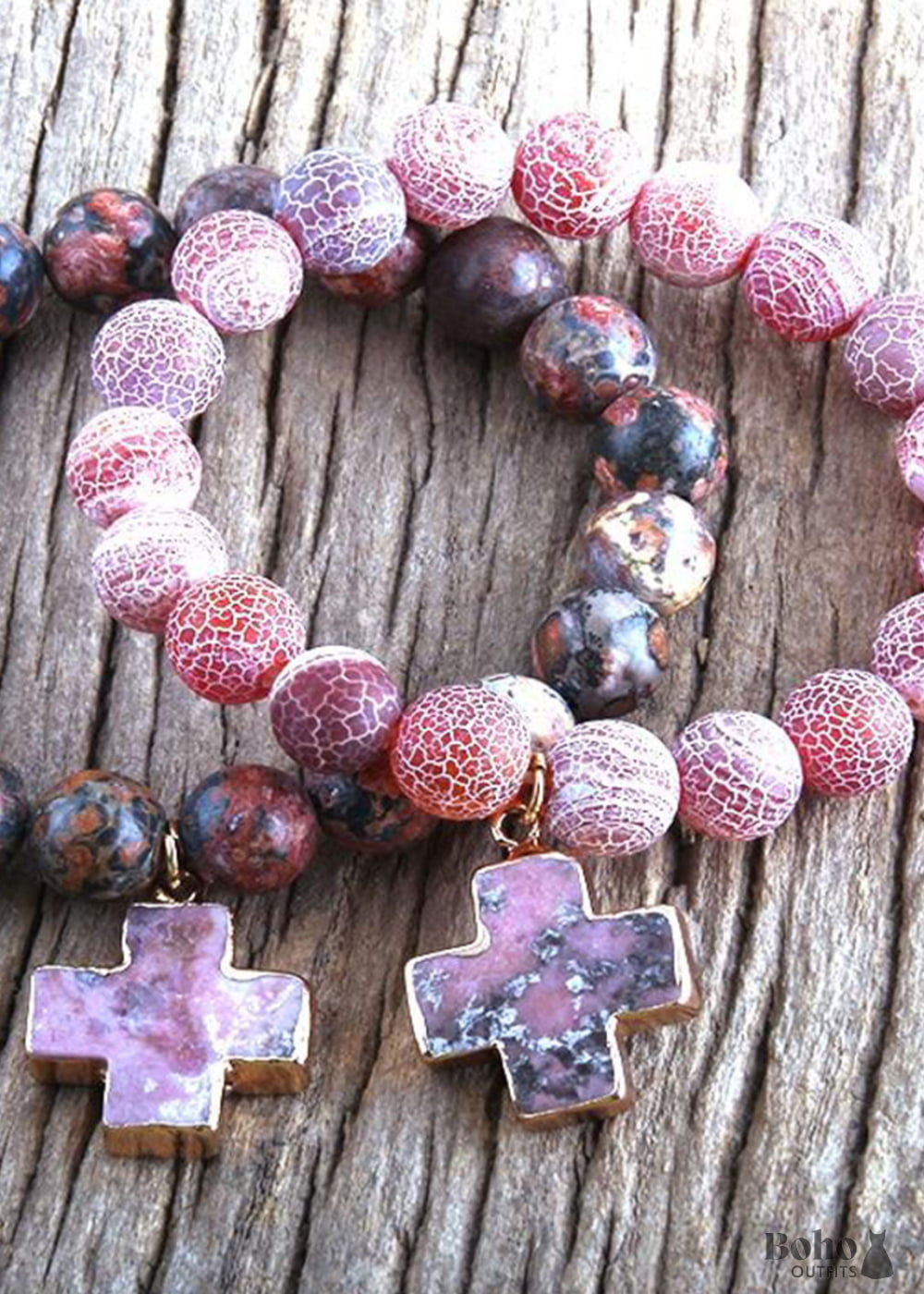 Boho Bracelet RH Natural Stones Pink Cross - Jewelry