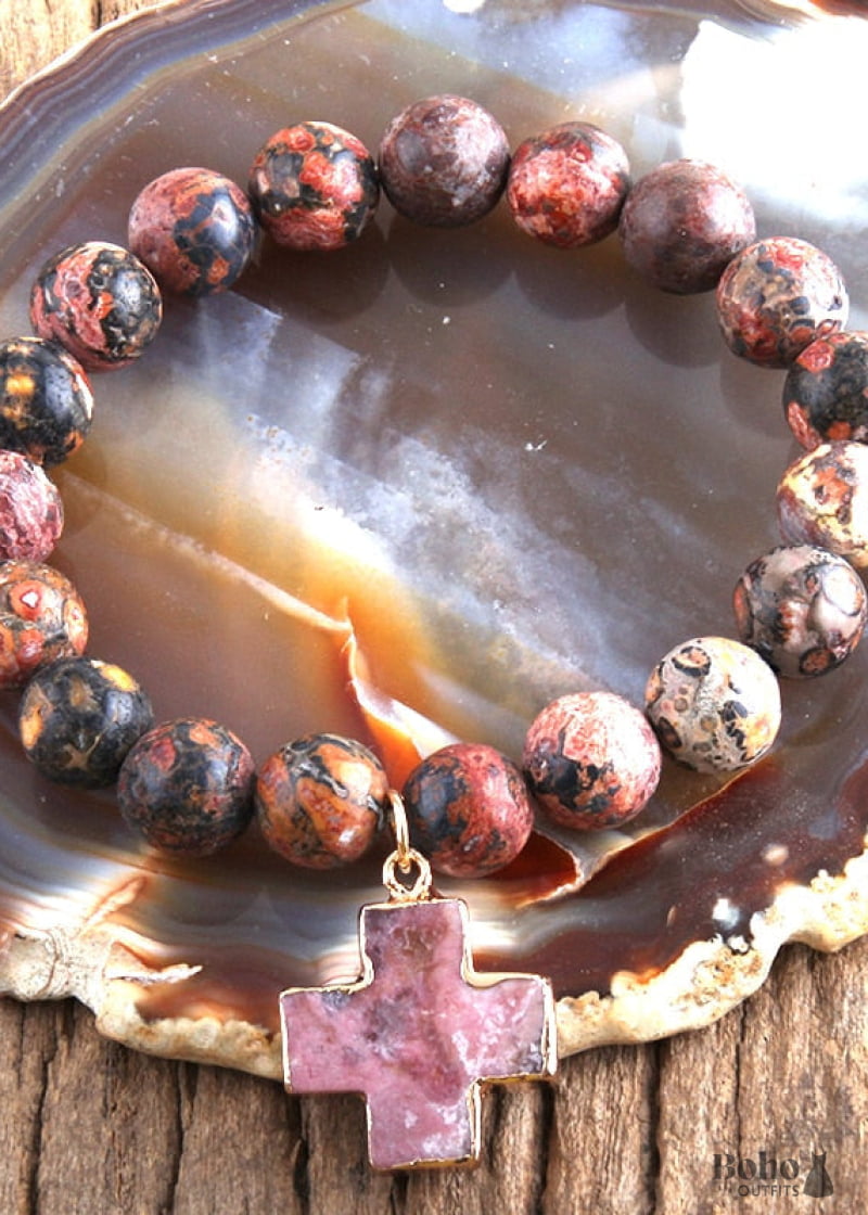 Boho Bracelet RH Natural Stones Pink Cross - Jewelry