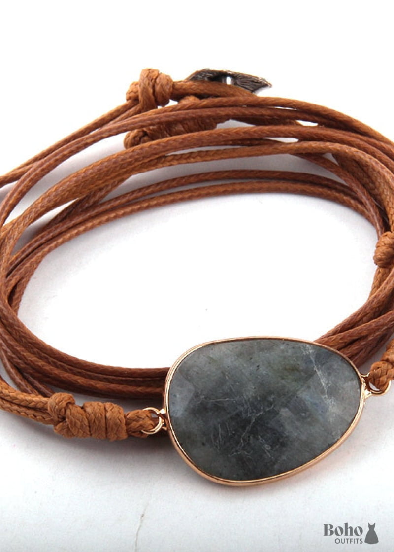 Boho Bracelet RH Rope Wrap Black Tourmaline - Brown