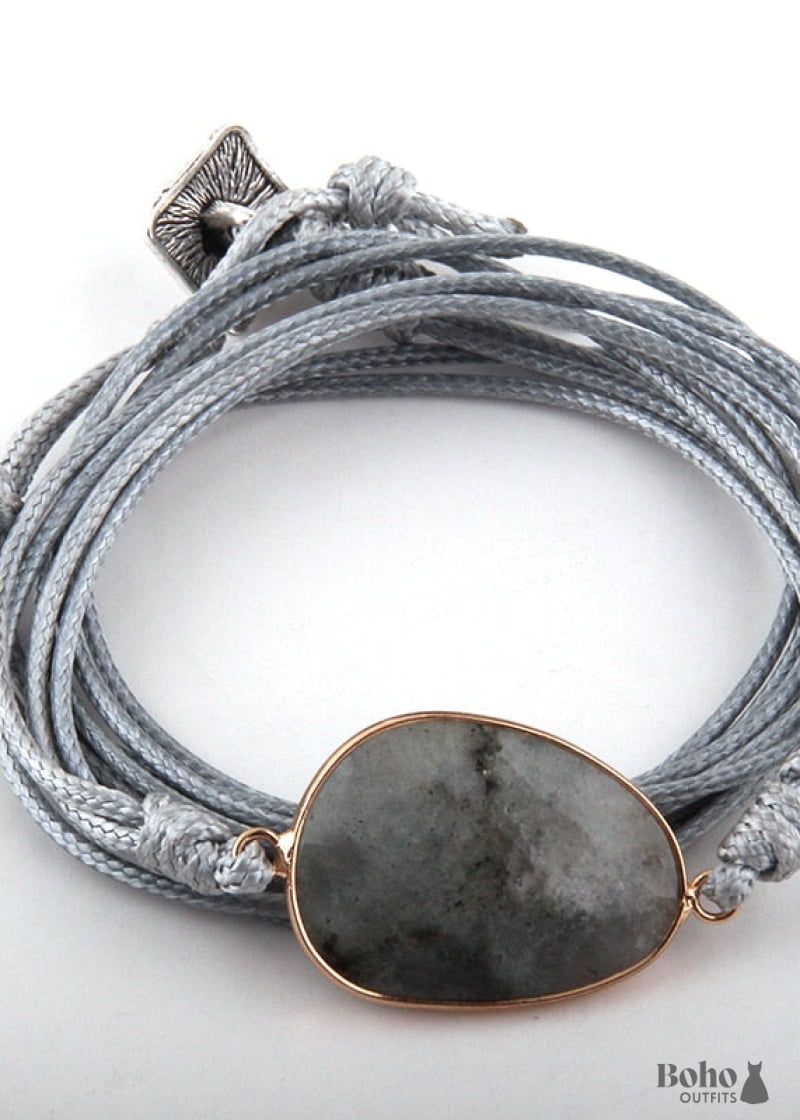 Boho Bracelet RH Rope Wrap Black Tourmaline - Gray - Jewelry