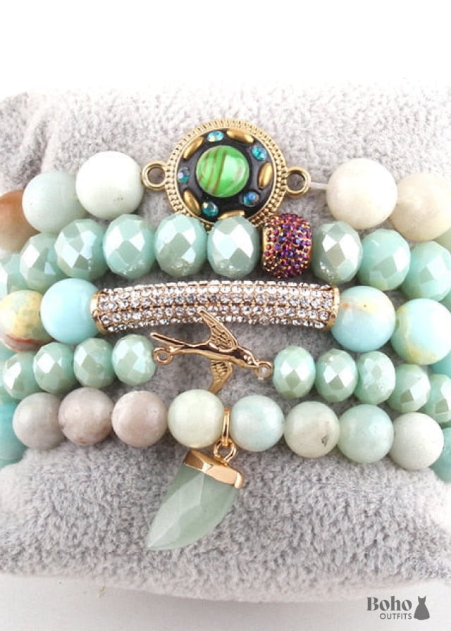 Boho Bracelet RH Set Freedom Bird Natural Stones in Green