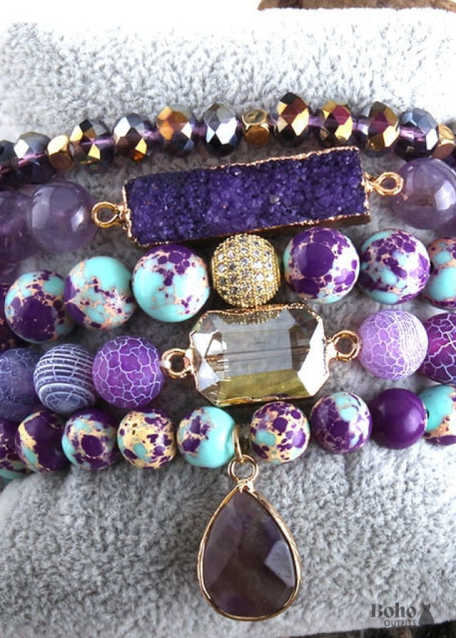 Boho Bracelet RH Set Natural Stones Blue Green Purple