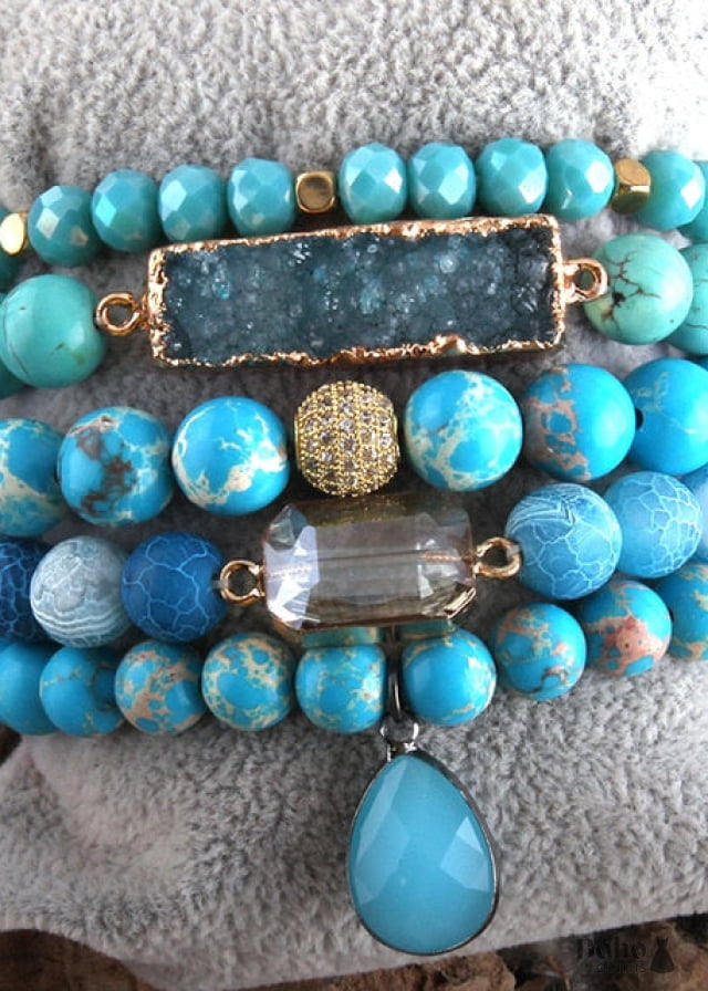 Boho Bracelet RH Set Natural Stones Blue Green Purple