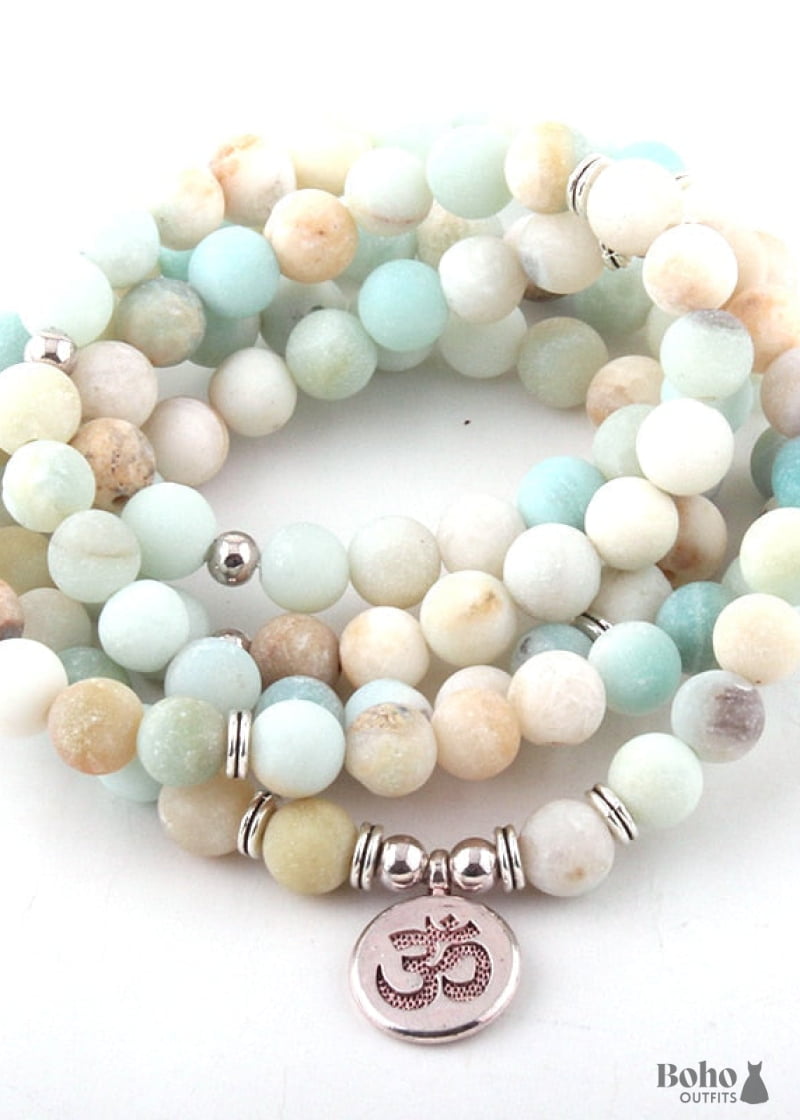 Boho Bracelet RH Yoga Amazonite Natural Green Stone - OM