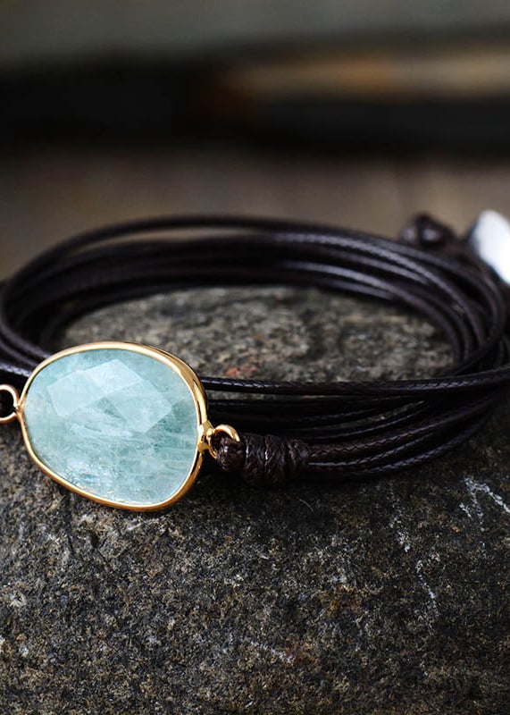 Boho Bracelet Rope Wrap Blue Amazonite - Dark Brown -