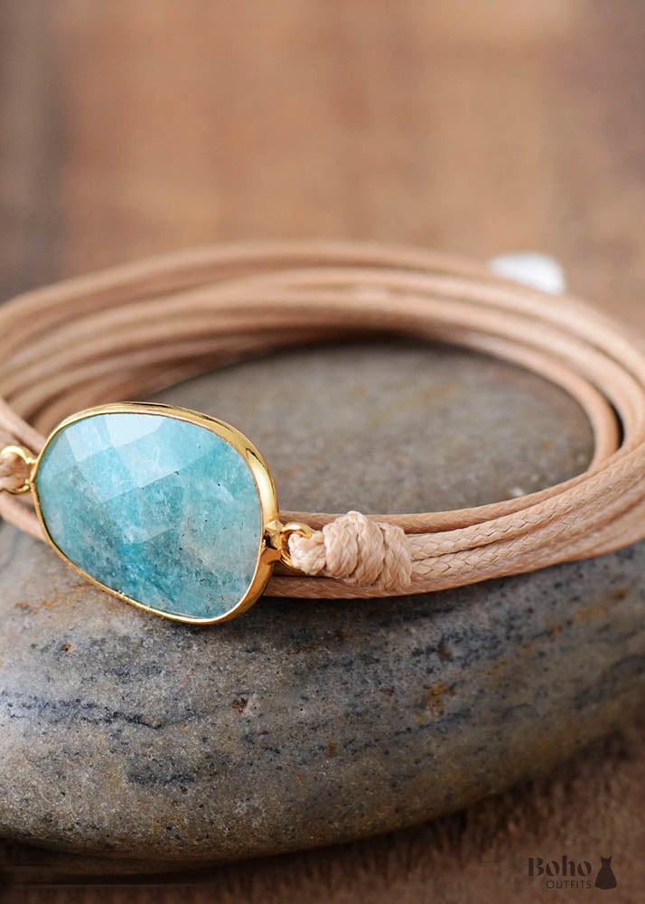 Boho Bracelet Rope Wrap Blue Amazonite - Tan - Jewelry