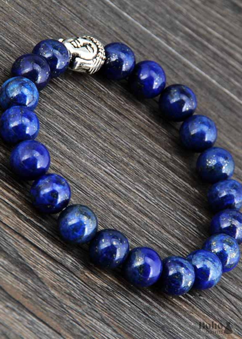 Boho Bracelet Stretchy 8MM Blue Lapis Luzuli Antique Buddha