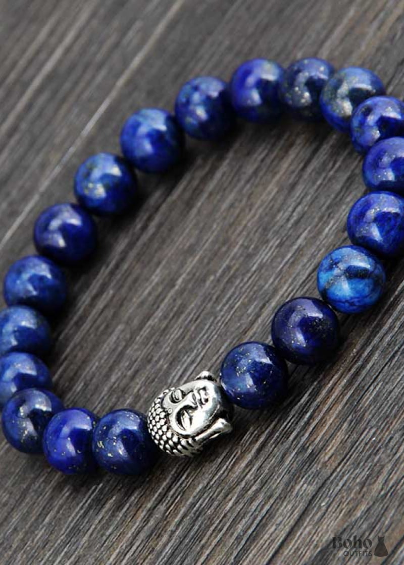 Boho Bracelet Stretchy 8MM Blue Lapis Luzuli Antique Buddha