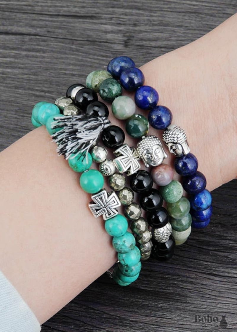 Boho Bracelet Stretchy 8MM Blue Lapis Luzuli Antique Buddha