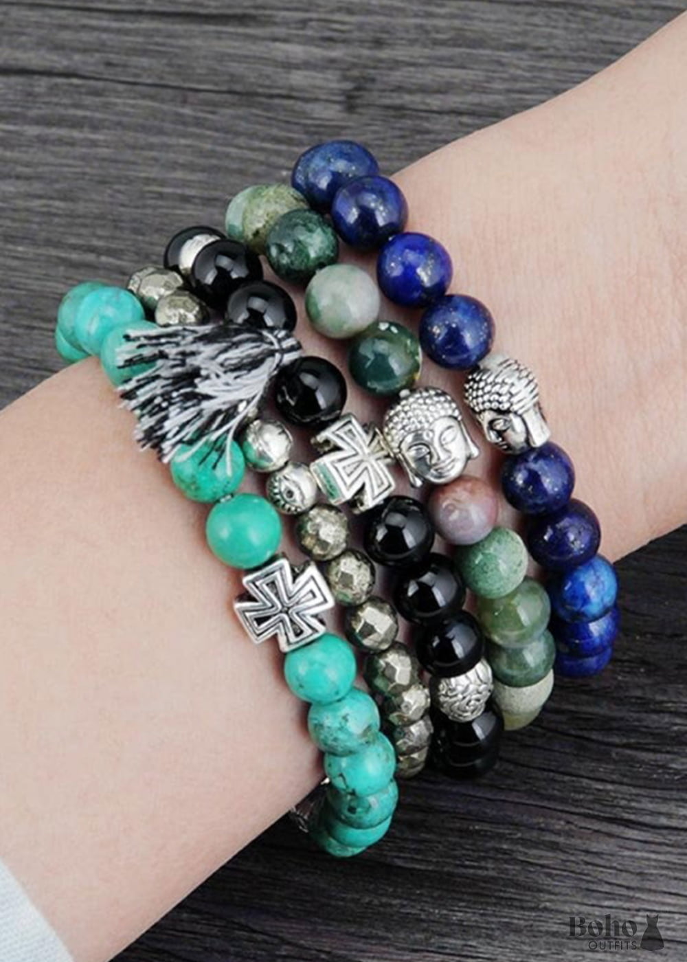 Boho Bracelet Stretchy 8MM Blue Lapis Luzuli Antique Buddha