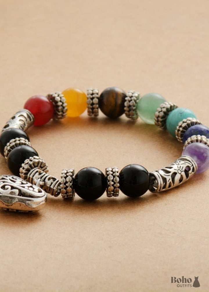 Boho Bracelet Stretchy Black 7 Chakra - Jewelry