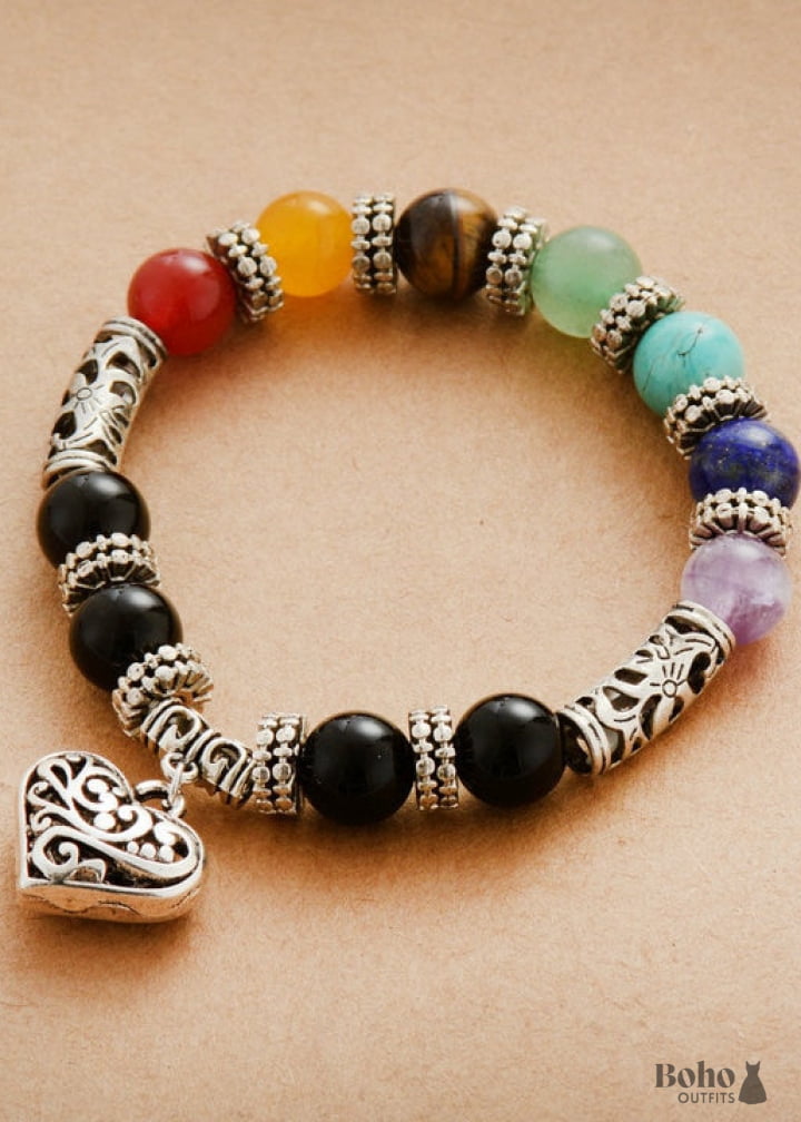 Boho Bracelet Stretchy Black 7 Chakra - Jewelry