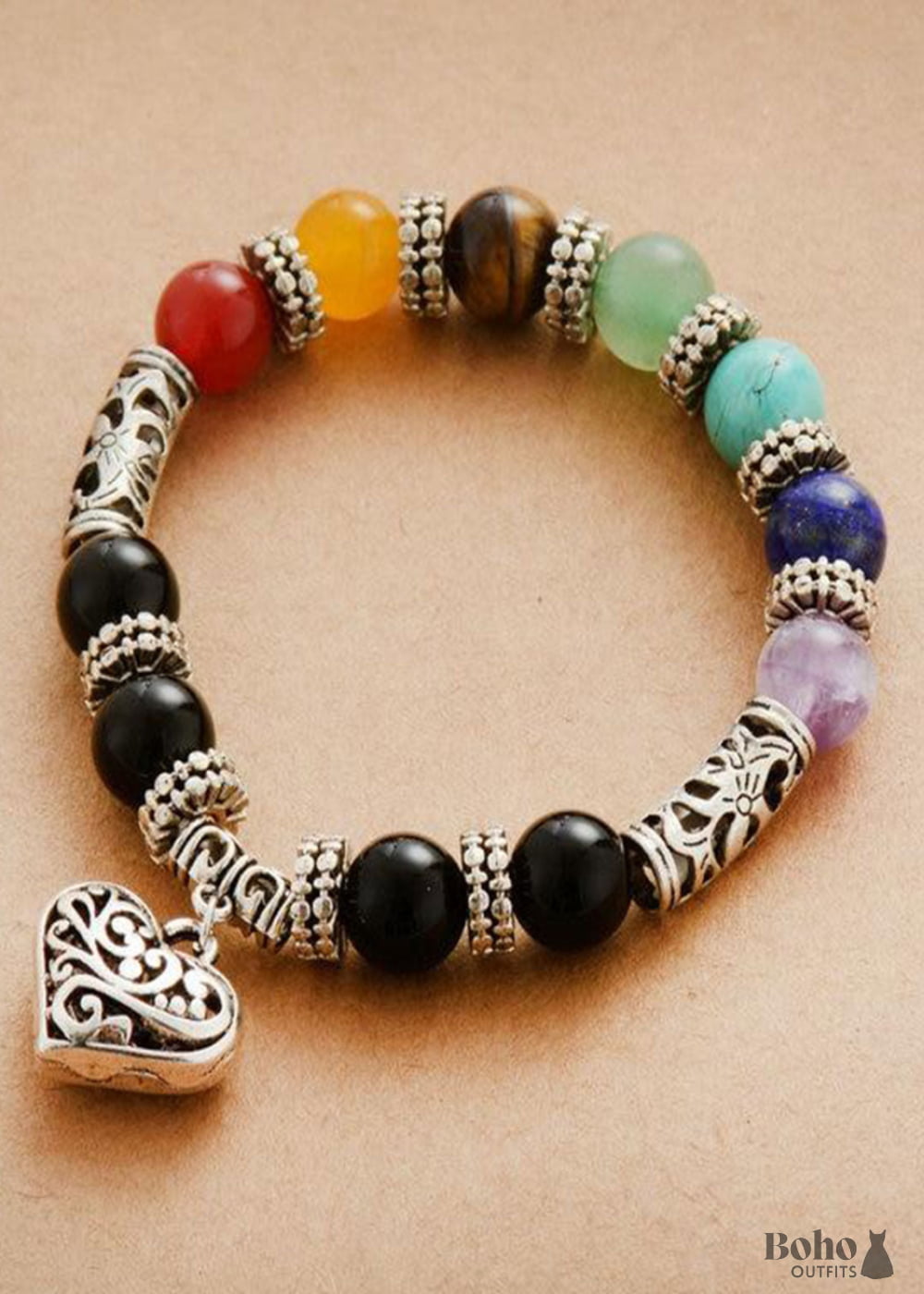 Boho Bracelet Stretchy Black 7 Chakra - Jewelry