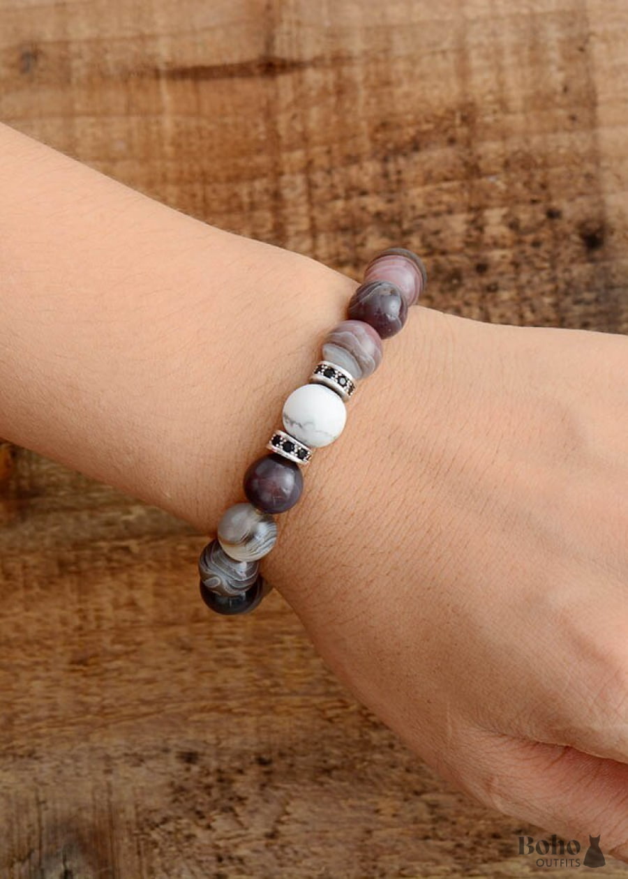 Boho Bracelet Stretchy Black Botswana Onyx Howlite - Jewelry