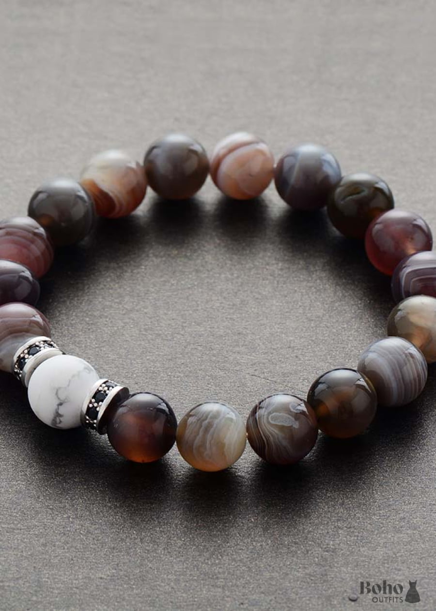 Boho Bracelet Stretchy Black Botswana Onyx Howlite - Women