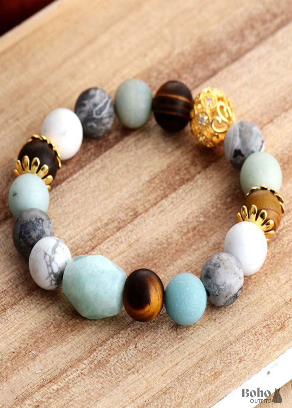 Boho Bracelet Stretchy Blue Amazonite Tiger Eye and Howlite