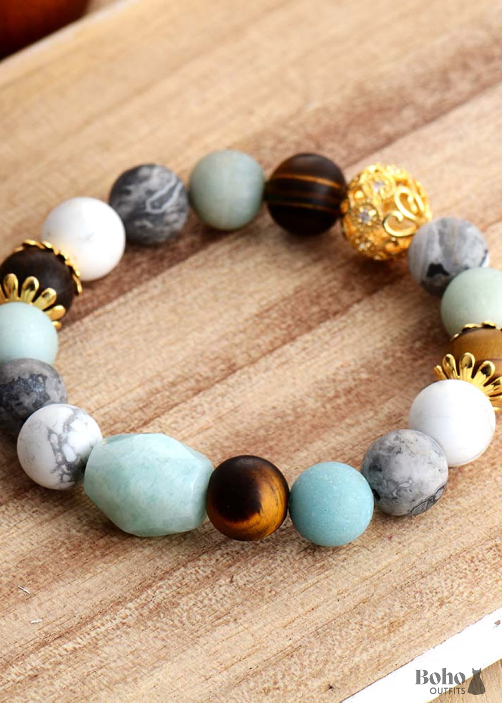 Boho Bracelet Stretchy Blue Amazonite Tiger Eye and Howlite