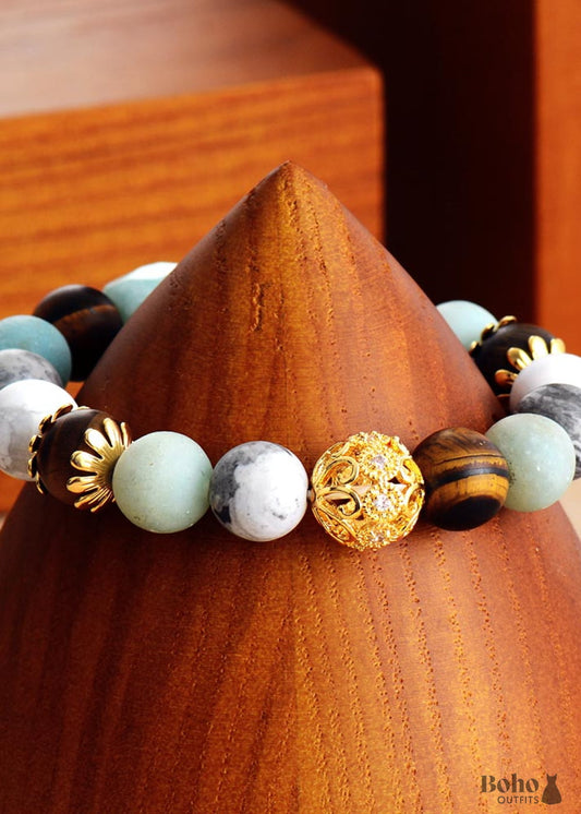 Boho Bracelet Stretchy Blue Amazonite Tiger Eye and Howlite