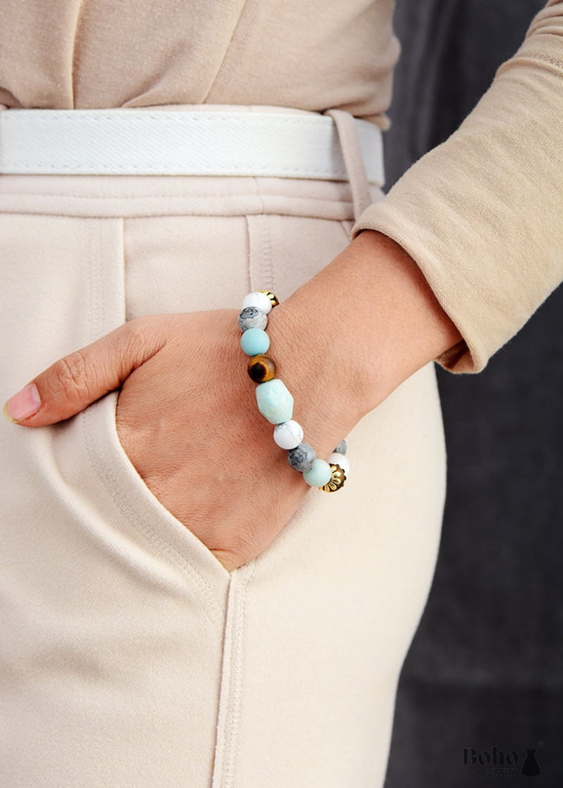 Boho Bracelet Stretchy Blue Amazonite Tiger Eye and Howlite