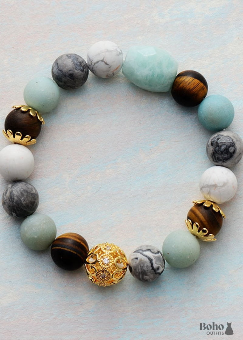 Boho Bracelet Stretchy Blue Amazonite Tiger Eye and Howlite