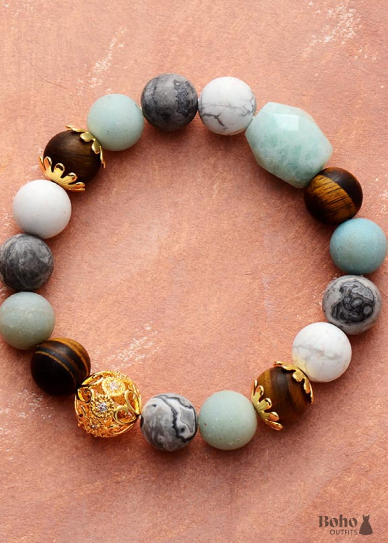 Boho Bracelet Stretchy Blue Amazonite Tiger Eye and Howlite