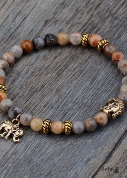 Boho Bracelet Stretchy Blue and Brown Elephant Tibetan