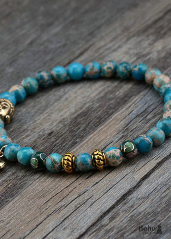 Boho Bracelet Stretchy Blue and Brown Elephant Tibetan