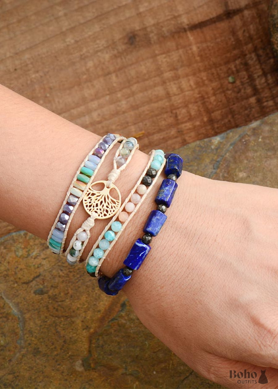 Boho Bracelet Stretchy Blue Lapis and Purple Amethyst