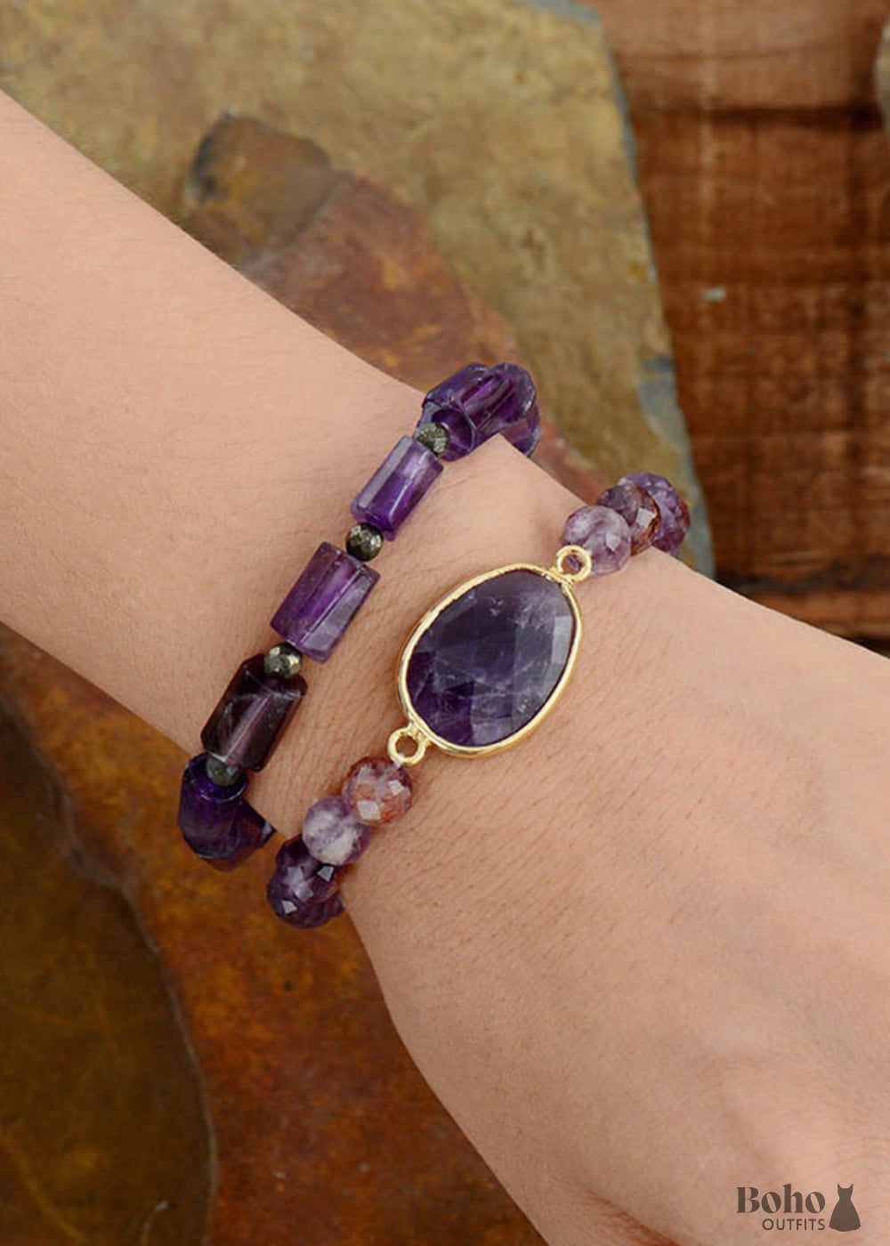 Boho Bracelet Stretchy Blue Lapis and Purple Amethyst