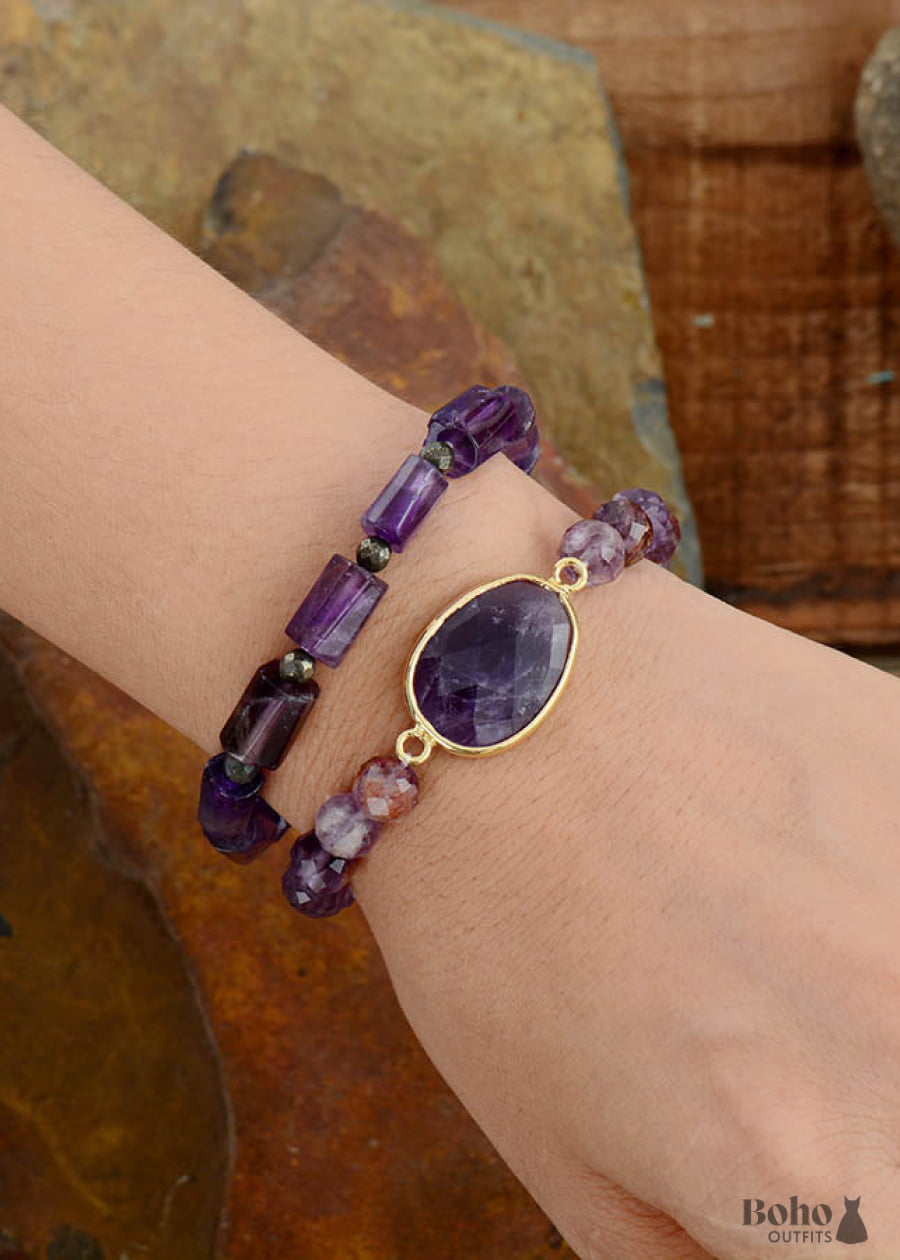 Boho Bracelet Stretchy Blue Lapis and Purple Amethyst