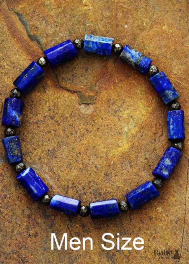 Boho Bracelet Stretchy Blue Lapis and Purple Amethyst - Men